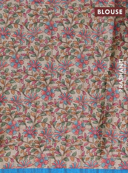 Semi tussar saree cs blue and beige with allover zari checked pattern and kalamkari printed border
