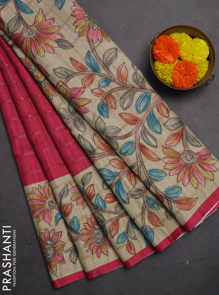 Semi tussar saree pink and beige with allover zari checked pattern and kalamkari printed border