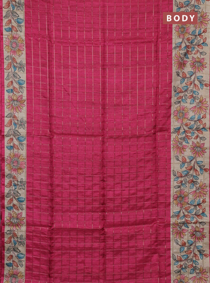 Semi tussar saree pink and beige with allover zari checked pattern and kalamkari printed border