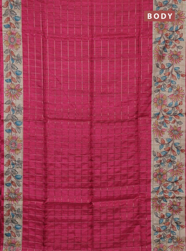 Semi tussar saree pink and beige with allover zari checked pattern and kalamkari printed border