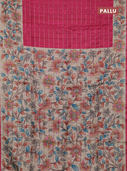 Semi tussar saree pink and beige with allover zari checked pattern and kalamkari printed border