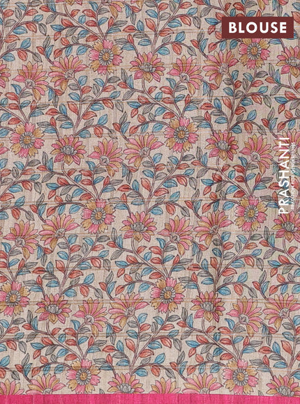 Semi tussar saree pink and beige with allover zari checked pattern and kalamkari printed border