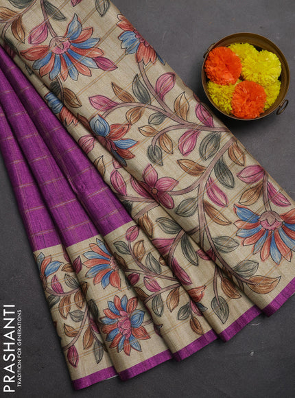 Semi tussar saree purple and beige with allover zari checked pattern and kalamkari printed border