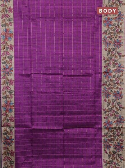 Semi tussar saree purple and beige with allover zari checked pattern and kalamkari printed border