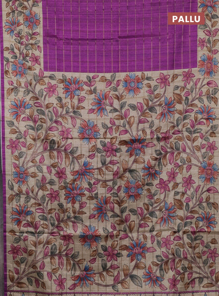 Semi tussar saree purple and beige with allover zari checked pattern and kalamkari printed border