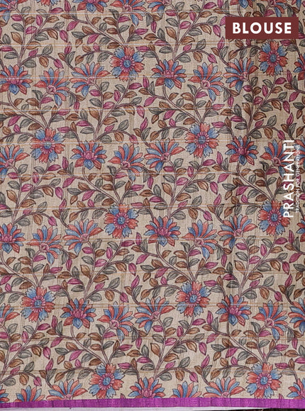 Semi tussar saree purple and beige with allover zari checked pattern and kalamkari printed border