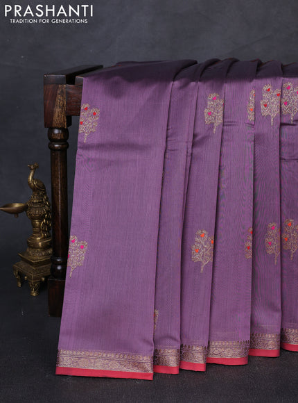 Banarasi silk cotton saree pastel purple and red with woven buttas and woven border