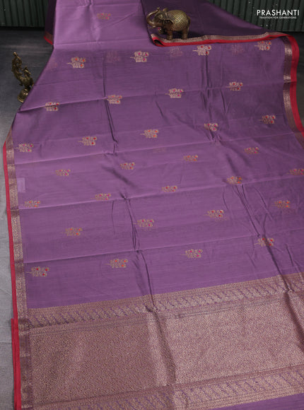 Banarasi silk cotton saree pastel purple and red with woven buttas and woven border