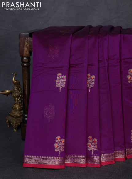 Banarasi silk cotton saree purple and red with woven buttas and woven border