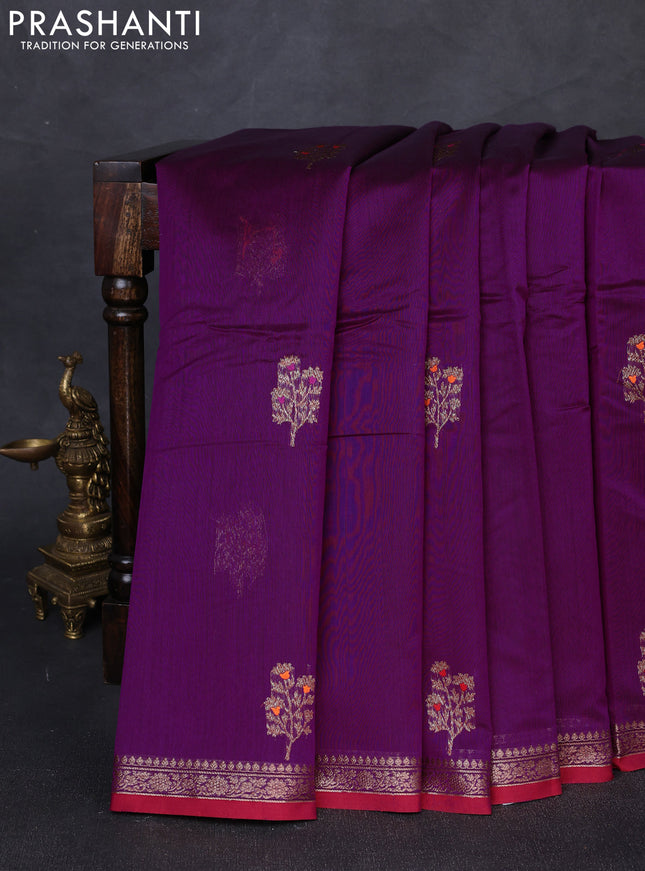 Banarasi silk cotton saree purple and red with woven buttas and woven border
