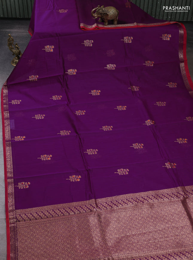 Banarasi silk cotton saree purple and red with woven buttas and woven border