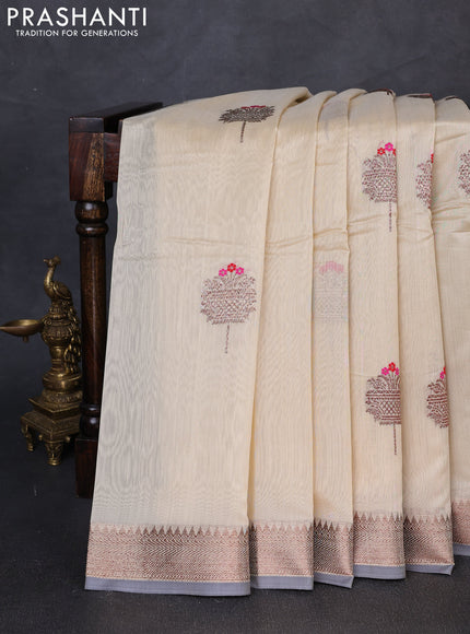 Banarasi silk cotton saree cream and grey with woven buttas and woven border
