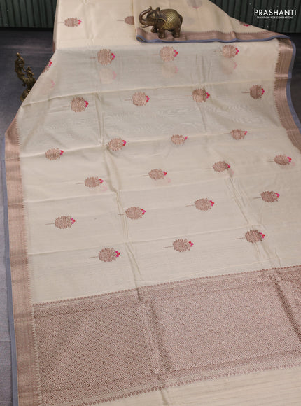 Banarasi silk cotton saree cream and grey with woven buttas and woven border