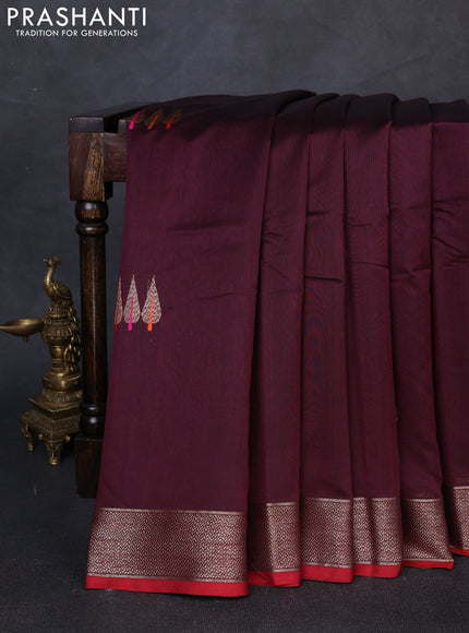 Banarasi silk cotton saree coffee brown and red with woven buttas and woven border