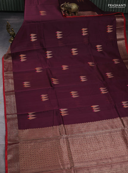 Banarasi silk cotton saree coffee brown and red with woven buttas and woven border