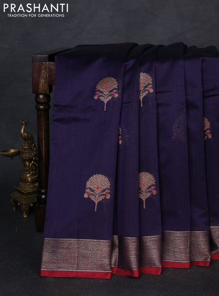 Banarasi silk cotton saree navy blue and maroon with woven buttas and woven border
