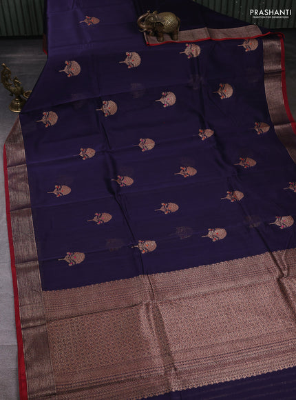 Banarasi silk cotton saree navy blue and maroon with woven buttas and woven border