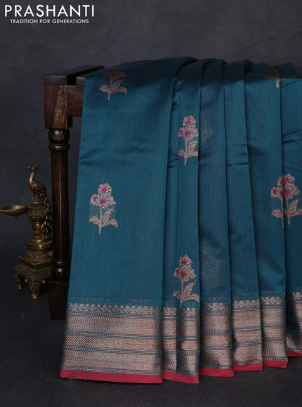 Banarasi silk cotton saree cs blue and maroon with woven buttas and woven border
