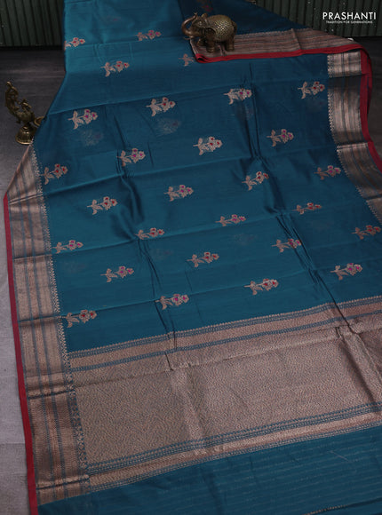 Banarasi silk cotton saree cs blue and maroon with woven buttas and woven border
