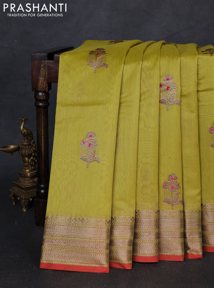 Banarasi silk cotton saree lime green and red with woven buttas and woven border