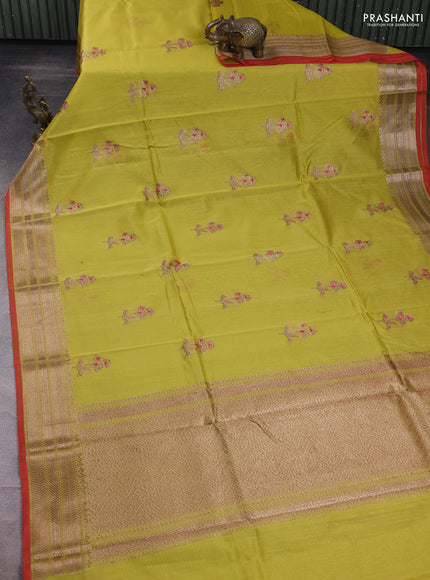 Banarasi silk cotton saree lime green and red with woven buttas and woven border