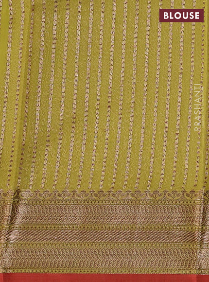 Banarasi silk cotton saree lime green and red with woven buttas and woven border