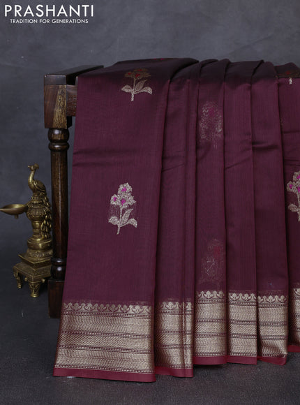 Banarasi silk cotton saree brown and red with woven buttas and woven border