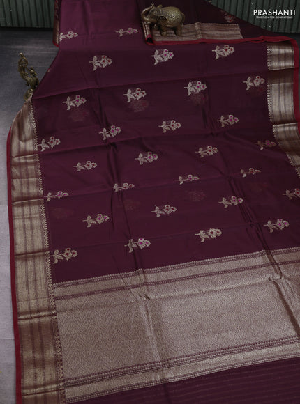 Banarasi silk cotton saree brown and red with woven buttas and woven border