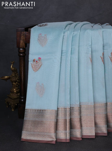 Banarasi silk cotton saree pastel blue and brown with woven buttas and woven border