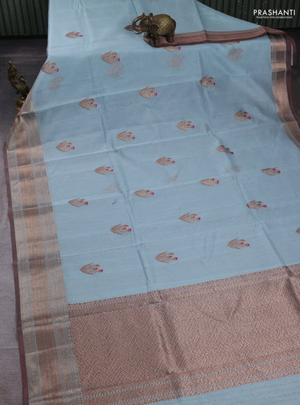Banarasi silk cotton saree pastel blue and brown with woven buttas and woven border