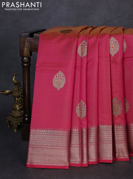 Banarasi silk cotton saree reddish pink with woven buttas and woven border