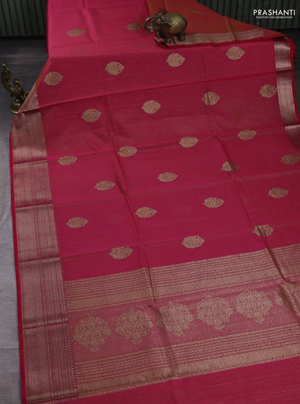 Banarasi silk cotton saree reddish pink with woven buttas and woven border
