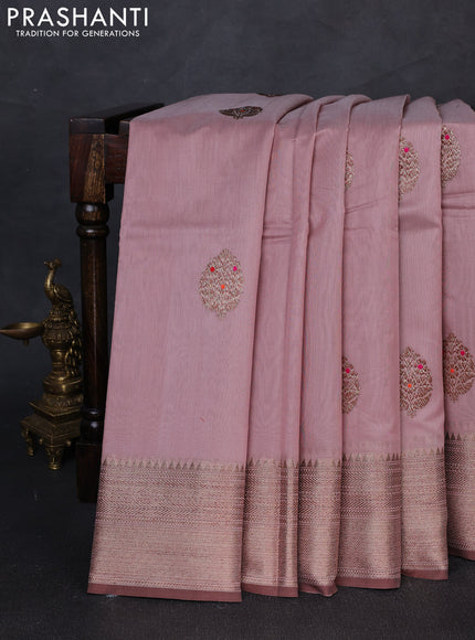 Banarasi silk cotton saree pastel pink and brown with woven buttas and woven border