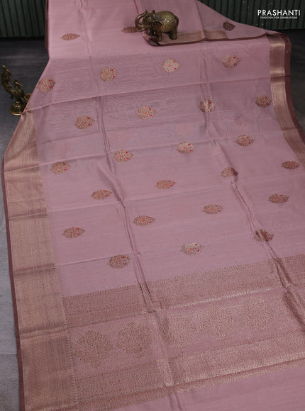 Banarasi silk cotton saree pastel pink and brown with woven buttas and woven border