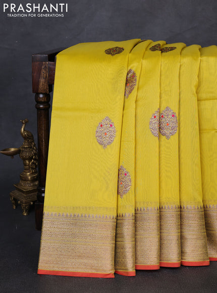 Banarasi silk cotton saree lime yellow and red with woven buttas and woven border