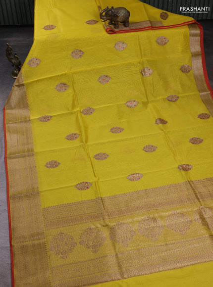 Banarasi silk cotton saree lime yellow and red with woven buttas and woven border