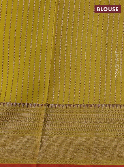Banarasi silk cotton saree lime yellow and red with woven buttas and woven border