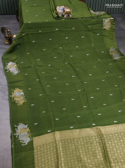 Art kota silk saree mehendi green with silver & gold zari woven buttas and zari woven butta border