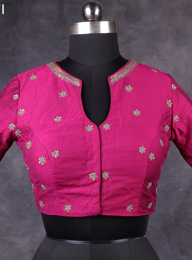Magenta pink raw silk readymade kundan work blouse Magenta pink and