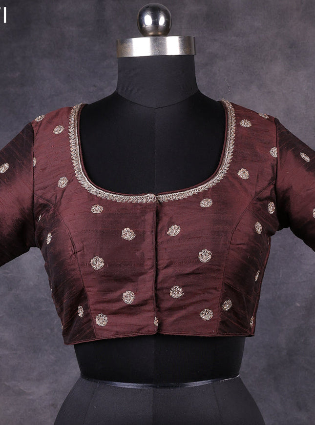 Coffee brown raw silk readymade embroidery work blouse Coffee brown and