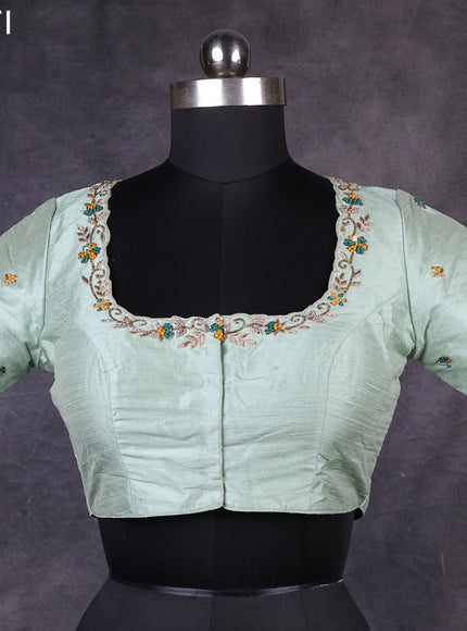 Pastel green raw silk readymade kundan work blouse Pastel green and