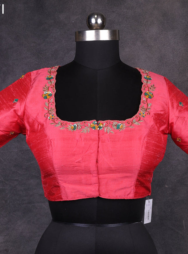 Peach pink raw silk readymade embroidery work blouse Peach pink and