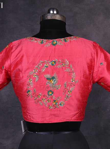 Peach pink raw silk readymade embroidery work blouse Peach pink and