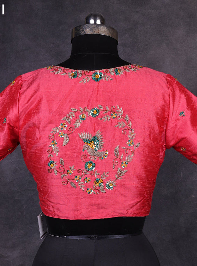 Peach pink raw silk readymade embroidery work blouse Peach pink and