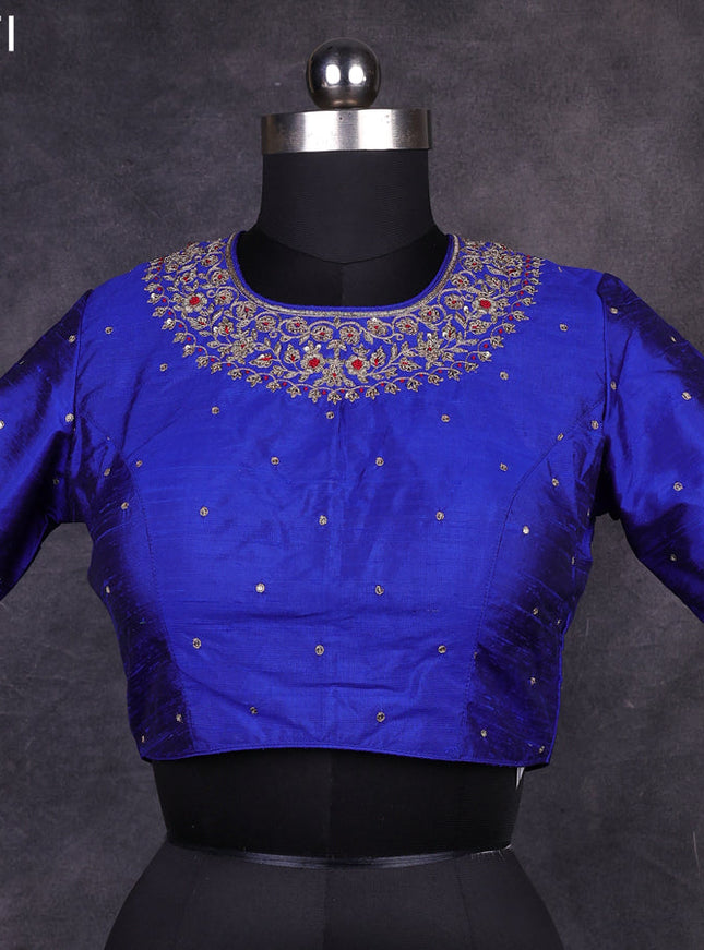 Blue raw silk readymade embroidery work blouse Blue and