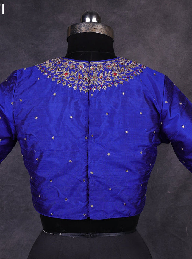 Blue raw silk readymade embroidery work blouse Blue and
