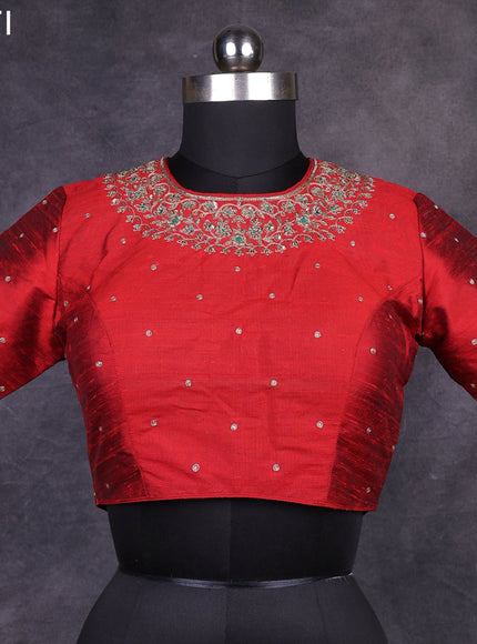 Red raw silk readymade embroidery work blouse Red and