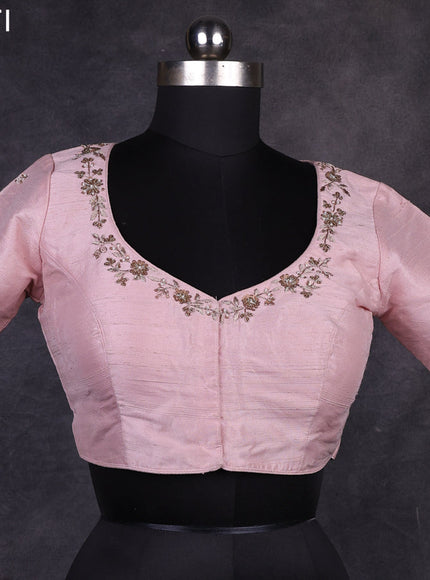 Baby pink raw silk readymade kundan work blouse Baby pink and