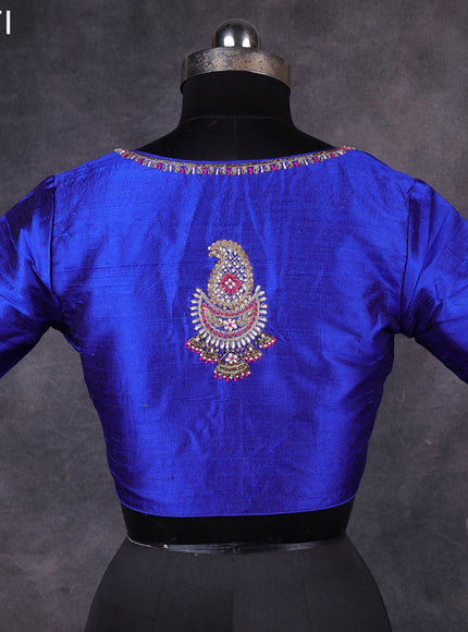 Blue raw silk readymade embroidery work blouse Blue and