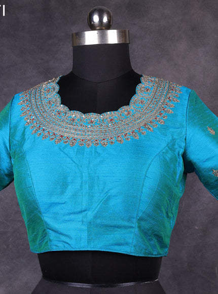 Teal blue raw silk readymade embroidery work blouse Teal green and